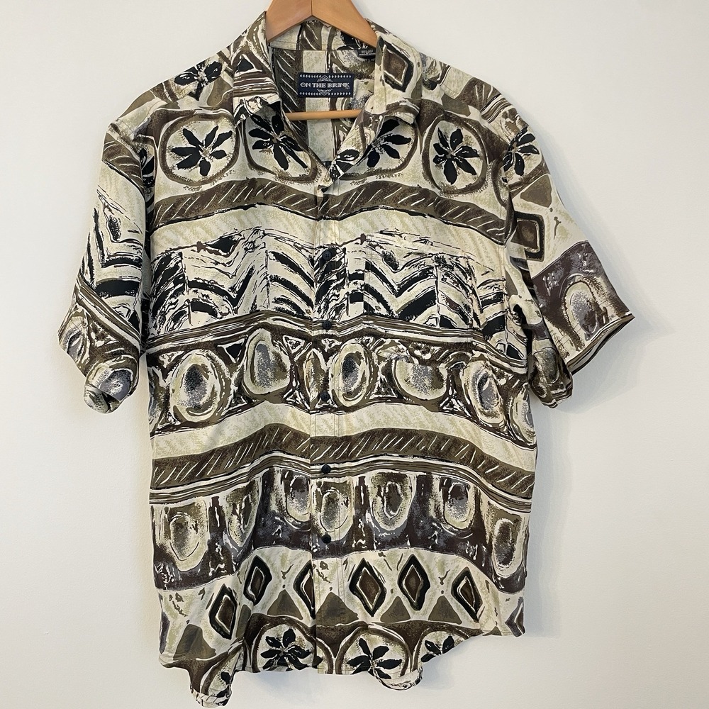 Vintage ON THE BRINK Silk Shirt Mens Medium Retro 90s Earthy Tribal Boho Grunge - Picture 2 of 14